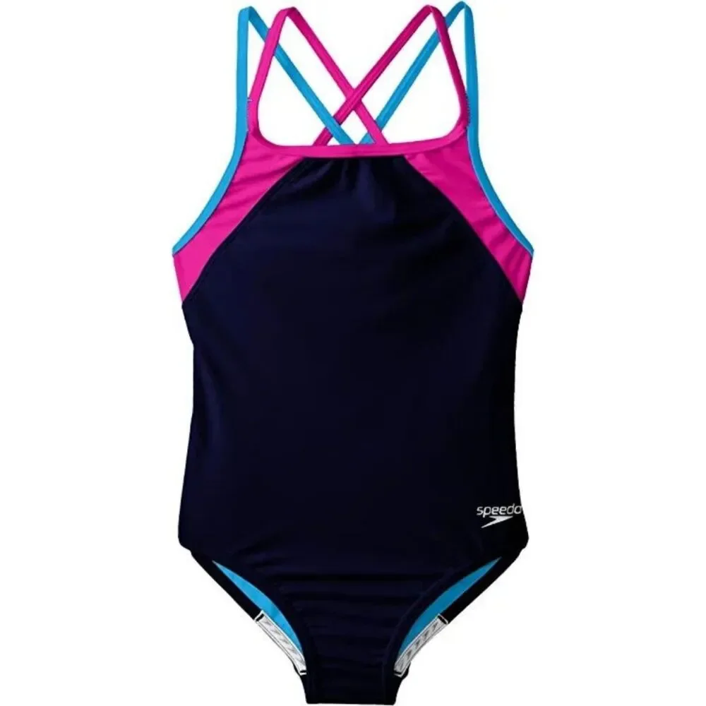 Speedo Girl's Swimsuit One Piece Solid Cross Back Multi Straps, Size 14